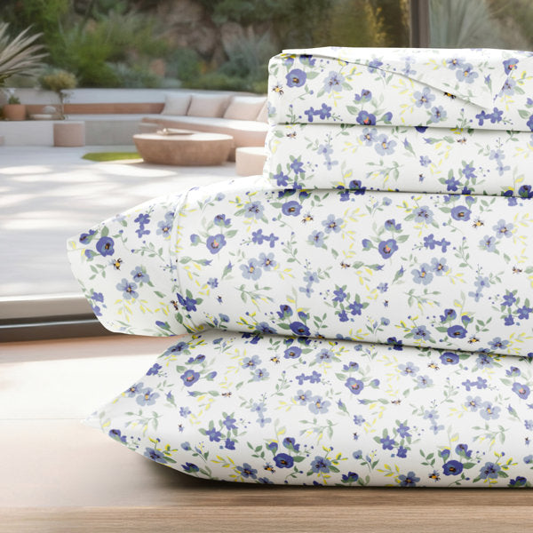 4 Piece Floral Blossoms Patterned Bed Sheet Set