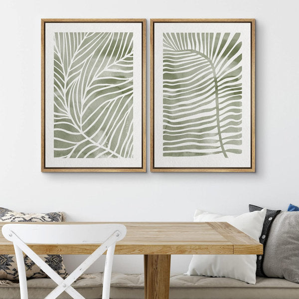 Abstract Botanical "Faded Sage Green Tropical Palm Tree Leaves Artwork, Modern Simple Minimalist Wall Pictures, Framed Canvas Giclee Print 2 Pieces Wall Art Set" 16x24x2 pcs, 24x36x2 pcs (Set of 2)