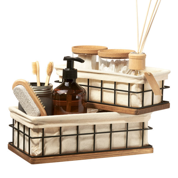 Baobab Workshop Wood and Wire Baskets Set, Bathroom Basket Storage (Set of 2)