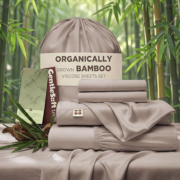 Bedsure 100% Organically Grown Bamboo Viscose Sheets - 18 Inches Deep Pocket Sheets With Elastic Corner, Queen Sheet Set, -Soft, Silky & Cooling Bedsheets, Oeko-Tex, 4 Pieces, Taupe