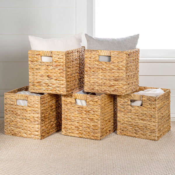 Burtrum Classic Farmhouse Handwoven Hyacinth Collapsible Storage Cube Baskets with Handles (Set of 5)