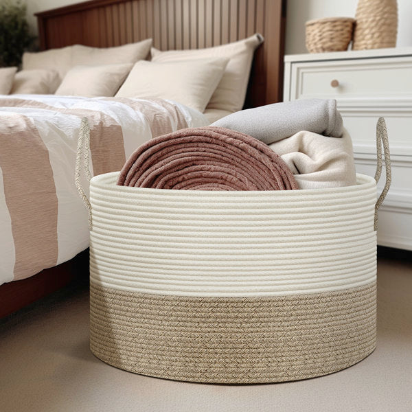 Extra Large Basket for Blankets - 21.7"D X 13.8"H Rope Laundry Basket Toy Baskets Storage Kids, Throw Blanket Baskets