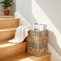 L-Shaped Stair Basket with Carry Handles, Handwoven Seagrass & Water Hyacinth Stair-Step Organizer with Reinforced Metal Frame, 16.1" H x 16.1" L x 10" W