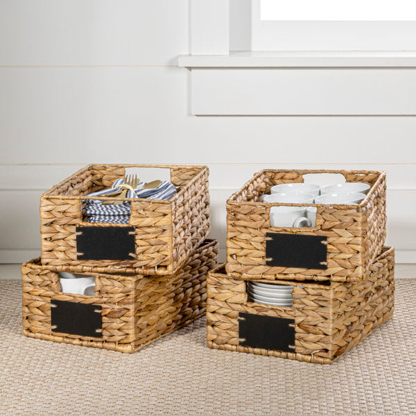 Lane 12" Classic Farmhouse Handwoven Hyacinth Pantry Baskets with Chalkboard Labels and Handles (Set of 4)