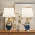 Melun 28" Modern Coastal Blue and Gold Glass Table Lamp with 3-Way Dimmable Lighting and USB Port (Set of 2)