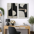 Mid Century Shape "Black Green Abstract Shape Artwork, Classy Minimal Contemporary Neutral Wall Pictures, Framed Canvas Giclée Print 2 Pieces Wall Art" 16x24x2 pcs, 24x36x2 pcs