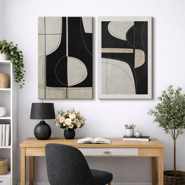 Mid Century Shape "Black Green Abstract Shape Artwork, Classy Minimal Contemporary Neutral Wall Pictures, Framed Canvas Giclée Print 2 Pieces Wall Art" 16x24x2 pcs, 24x36x2 pcs