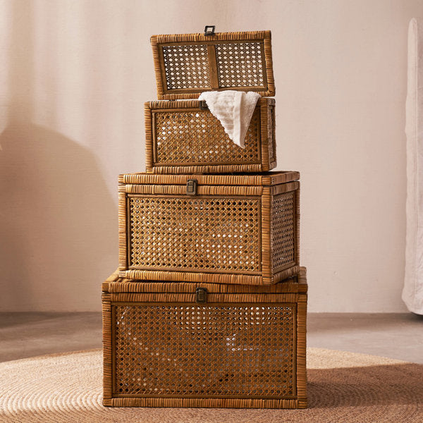 Natural Rattan Storage Box Set of 3, Decorative Woven Chest Trunks with Latch Closures