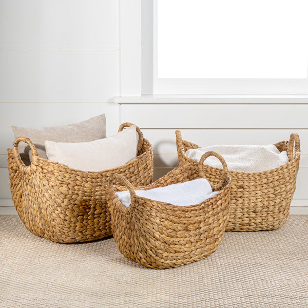 Nellie Farmhouse Classic Handwoven Hyacinth Storage Boat Baskets with Handles (Set of 3)