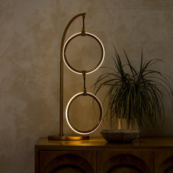 Brightech Nova 24 In Double Hoop Novelty Led Halo Industrial Arched Gold Brass Table Lamp With Built In 3 Way Dimmer