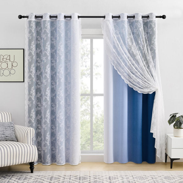 Ombre Blackout Curtains 4 Pcs Set Mix & Matched - 2 Pcs Leaf Sheer Lace & 2 Pcs Ombre Blackout Room Darkening Window Curtains for Bed Room Living Room 84 Inch Long Grommet Thermal Insulated Sunlight Blocking Noise Reducing Navy Blue Color (Set of 4)