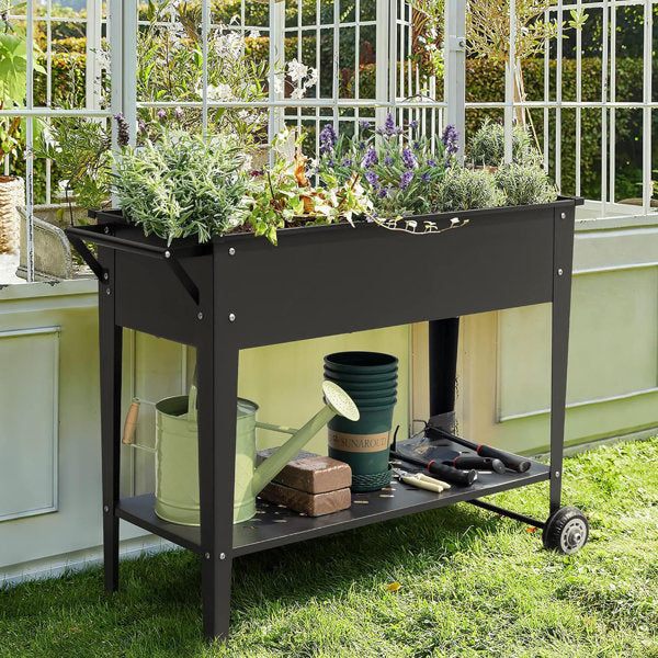 Omma Metal Elevated Planter with Wheels and Storage Shelf