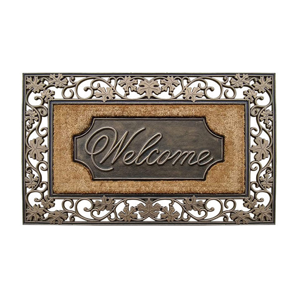 , 2 Sizes Onalaska Natural Coir & Rubber Non-Slip Heavy-Duty 'Welcome' Doormat 閳?23" x 38" Indoor/Outdoor Entry Mat with Floral Border
