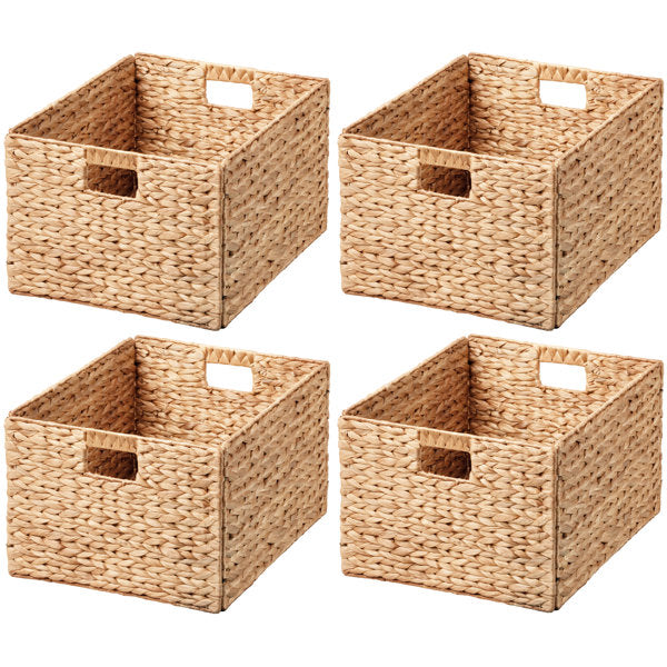 Rectangular Natural Water Hyacinth Hand Woven Rattan Wicker Storage Basket Set with Iron Wire Frame (Set of 4)