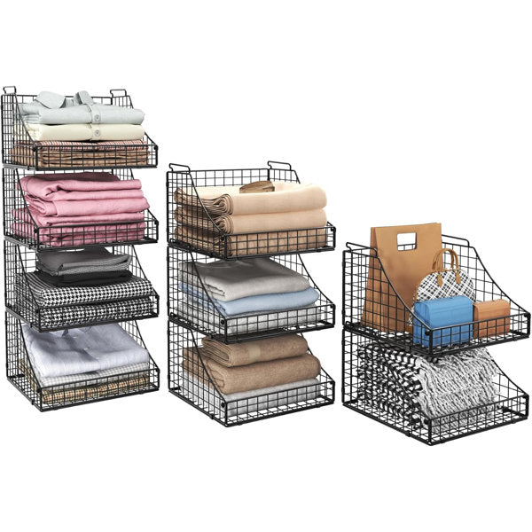 Stackable 4 Tier Wire Basket Organizer – Heavy Duty Metal Mesh Shelf with Handles, Foldable & Portable, Open Front Storage for Closet, Pantry, Kitchen, Countertop, Bathroom (Set of 4)