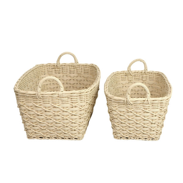 Swar Resin Wicker Storage Baskets, Set of 2, White Rectangular with Handles – Woven Organizer Bins for Pantry, Closet, Bathroom, or Living Room Shelves (Set of 2)